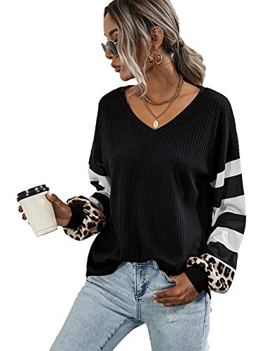 Youdiao Womens V Neck Tops Long Sleeve Shirts Waffle Knit Blouse Casual Loose Oversized Pullover Sweatshirt Black M