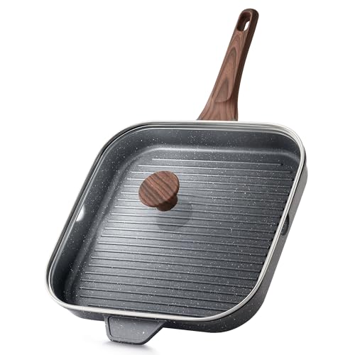 Image of SENSARTE Nonstick Grill Pan with Lid, Grill Pan for Stove Tops, Versatile Griddle with Pour Spouts, Square Big Cooking Surface, Durable Skillet Indoor & Outdoor Grilling. PFOA Free, 12Inch