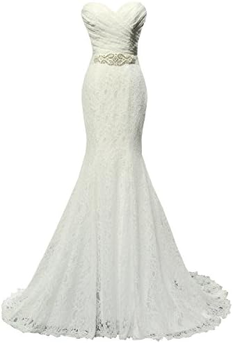 SOLOVEDRESS Women's Lace Wedding Dress Mermaid Evening Dress Bridal Gown with Sash (US 10, Ivory)
