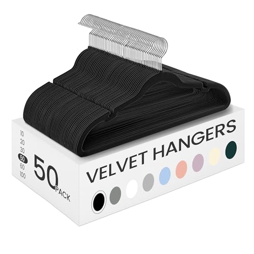 SONGMICS Velvet Hangers 50 Pack, Non-Slip Clothes Hangers, with Shoulder Notches, Pants Bar, 360° Swivel Hook, Space-Saving, for Closet, Ink Black UCRF029B05 Ink Black 50 Pack