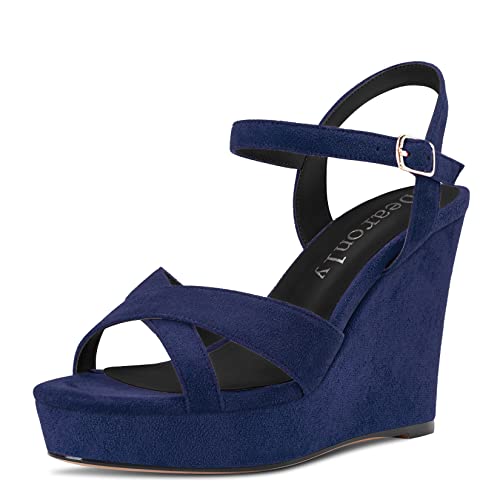 DearOnly Womens Wedge Heel Sandals Platform Peep Open Toe Ankle Strap Block Chunky High Heel Suede Dress Shoes 4 Inch