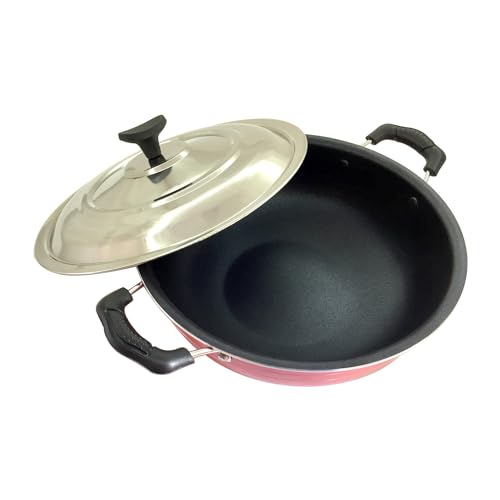 YADNESH Kadai Indian Cooking Nonstick Aluminium Kadhai Cooking Pan Deep Fry Karahi Skillet Stir Fry Pan Wok with Stainless Steel Lid 2 Litres Free Scrubber and Paddle
