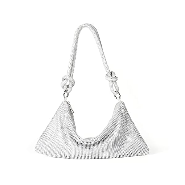 Valleycomfy Chic Rhinestone Purses for Women Sparkly Evening Handbag Bling Hobo Bag Shiny Silver Clutch Purse, Sliver