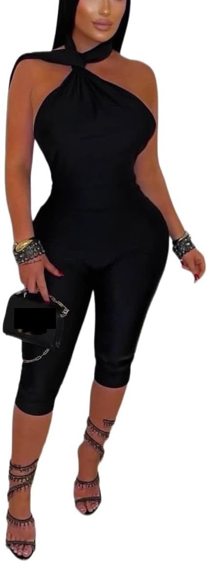 Women Sexy One Piece Outfits Sleeveless Halter Neck Backless Bodycon Jumpsuit Party Club Romper