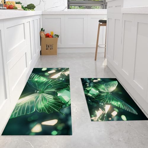 Alfombras de cocina antifatiga antideslizantes de mariposa verde para evitar suelos resbaladizos 4