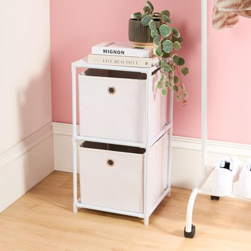 OHS White Cube Storage Unit with 2 Fabric Cube Boxes, Freestanding Cube Organizer Shelf with Sturdy Steel Frame Closet Organizer Cabinet Drawers for Bedroom Living Room Office