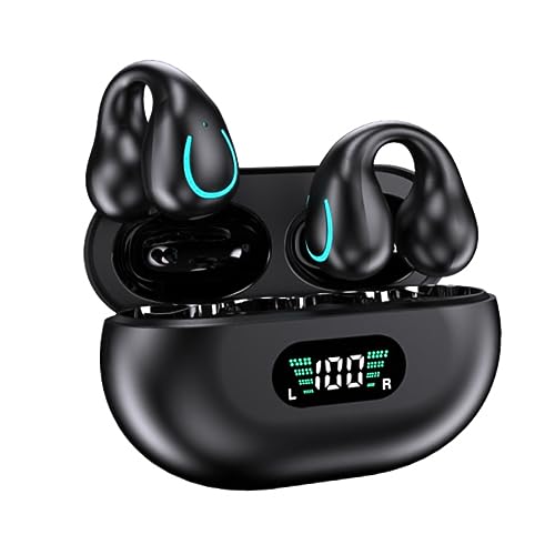 QAWDAWM Clip-On Open Ear Headphones, Bluetooth 5.3 Wireless Earbuds with Digital Display Charging Case 80 Hours Playtime IPX5 Waterproof Sports Headphones for Running, Walking, Workout