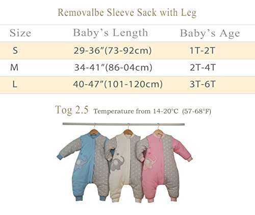 Image of Baby Wearable Blanket With Leg Grey Cotton 2-4T Toddler Sleep Sack 36M Removable Long Sleeves Early Walk Sleeping Bag Quilted Filling Infant Winter Tog 2.5 Warm Kids Sleeper