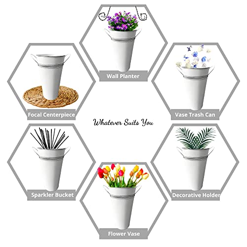 Set Of 2 Galvanized Flower Buckets For Cut Flowers - 12 Inch - Matching Metal Vases For Floral Arrangements - Decorative Pails - French Buckets For Home And Wedding Table Centerpieces (White) #TOP7