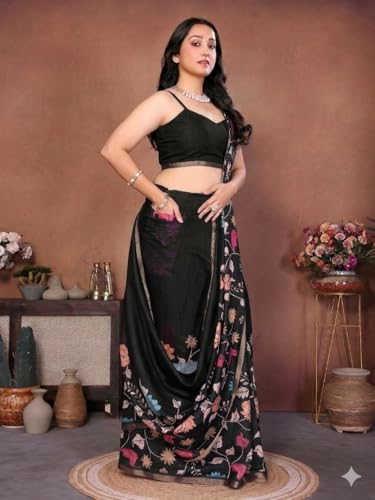 Image of SAMANTHA Black Floral Print Ready to Wear Linen Saree with Pocket & Adjustable Belt
