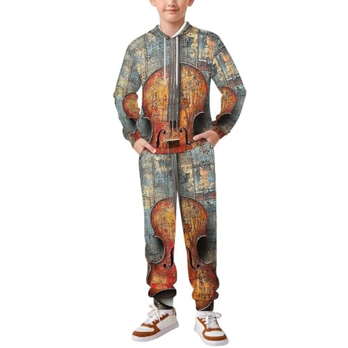 Boy's Girl's 2 Piece Outfits Graphic Sweatshirt Kid Long Sleeve Hoodie Set, Musical Violin