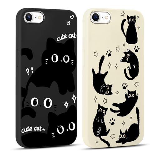 Vxinvnoi 2 Piezas Funda para iPhone 16e/SE 4/SE 2025, Lindo Gato Aesthetic Dibujos Carcasa Mujer Diseño Case, Silicona Suave TPU Bumper Antichoque Protección Cover para iPhone 16e 6,1', Negro + Blanco