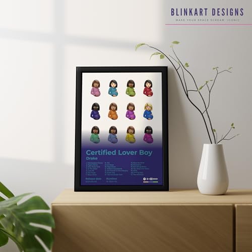 Image of BLINKART Drake- Certified Lover Boy Wall Photo Frames | Wall Art for Bedroom, Living Room, Studio or Office | Album Cover Print with Spotify Song Link QR Code | Gift for Fans - 8x12 In