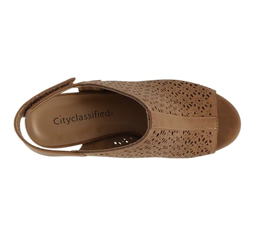 Image of CITYCLASSIFIED inchElect inch ~ Women's Peep Toe Laser Cut Geometric Caged Slingback Ankle Strap Low Stacked Heel Ankle Bootie