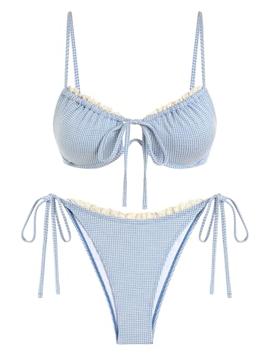 Image of ZAFUL Women High Cut Bikini Sets String Sexy Swimsuit Two Piece Underwire Bathing Suit Brazilian Cheeky Cut Out Cute Swimwear