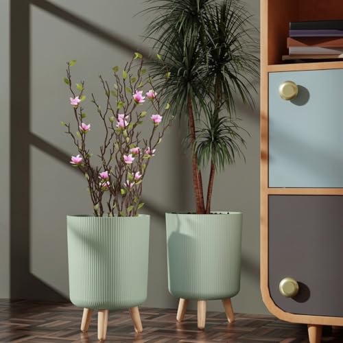 Image of StyleX Store Modern Flower Pot with Plastic Legs | Indoor Outdoor Planter for Home Garden Balcony Decor Ribbed Design Sturdy Plastic Mid-Century Style (saga Green Pack of 2)