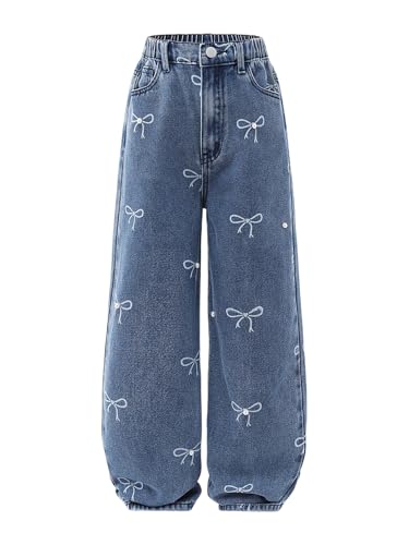 MakeMeChic Girl's Bow Knot Print Zipper Fly Straight Leg Loose Fit Jeans Denim Pants