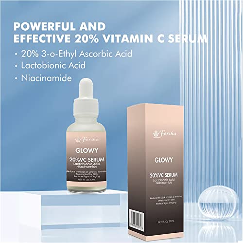 Glowy 20% Vitamin C Serum, Lactobionic Acid, Niacinamide, Ferulic Acid, Aloe Vera. High Purity Hyaluronic Acid, For A Silkier & Healthier Skin #TOP3