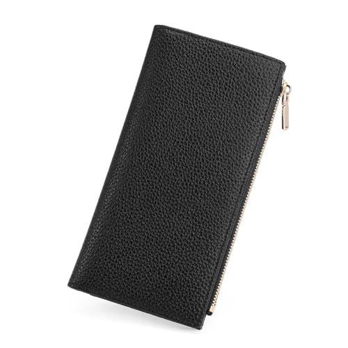 Image of GOIACII Slim Wallet for Women Rfid Blocking Credit Card Holder with Zip Pocket Bifold Vegan Pebble Leather Black | Credit Card Holder with Zip Pocket, Bifold Wallet,Vegan Leather,Ladies Clutch Purse,Compact Size,Flat Women Wallets