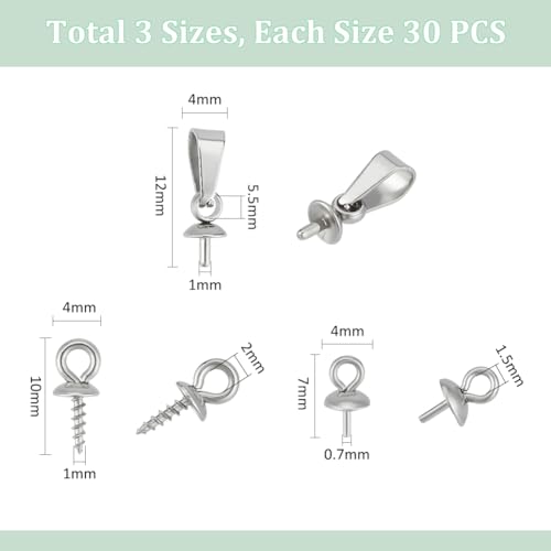 UNICRAFTALE 90Pcs 3 Style Stainless Steel Peg Bail Charm Screw Eye Pin Bail Cup Peg Pin Pendants Pearl Pendant Clasps for Half Drilled Beads DIY Jewellery Making - Image 3
