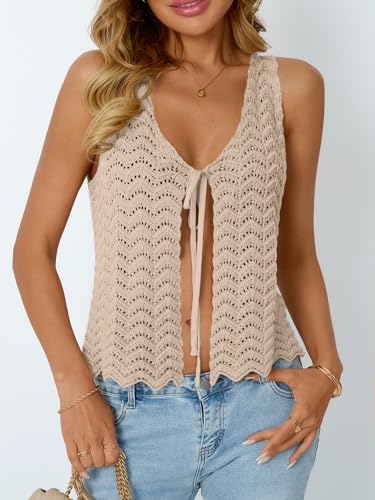 Image of LILLUSORY Crochet Tops for Women Summer Vacation Outfits Beach Coverup Going Out Tie Front Spring Sweater Vest 2026 Fashion