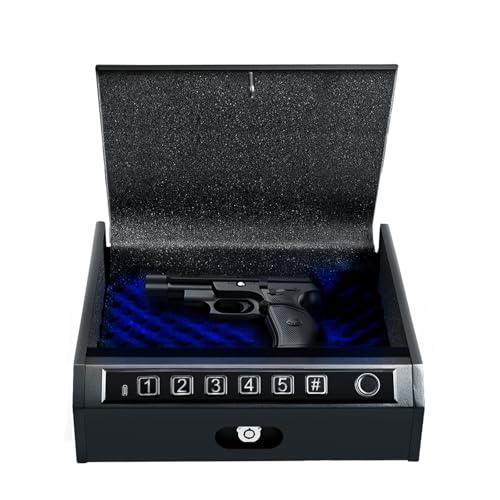 ADIMO Fingerprint Pistol Safe, Biometric Gun Lock Box with Quick Access Keypad, Silent Mode, LED Light, Scratch-Resistant Foam Interior, Portable Design for Bedroom or Office
