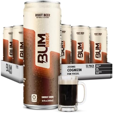 BUM Sugar-Free Energy Drink, Root Beer - Lightly Carbonated & No Artificial Colors, Natural Caffeine & Citicoline for Energy & Focus, Brain Boost & Workout Sports Beverage - 12 oz, Pack of 12