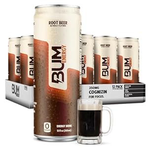 BUM Sugar-Free Energy Drink, Root Beer – Lightly Carbonated & No Artificial Colors, Natural Caffeine & Citicoline for Energy & Focus, Brain Boost & Workout Sports Beverage – 12 oz, Pack of 12