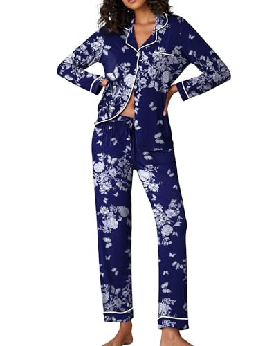 Ekouaer Pajamas Women's Long Sleeve Sleepwear Soft Button Down Loungewear Pjs Lounge Set Nightwear,Floral Navy with White,Medium