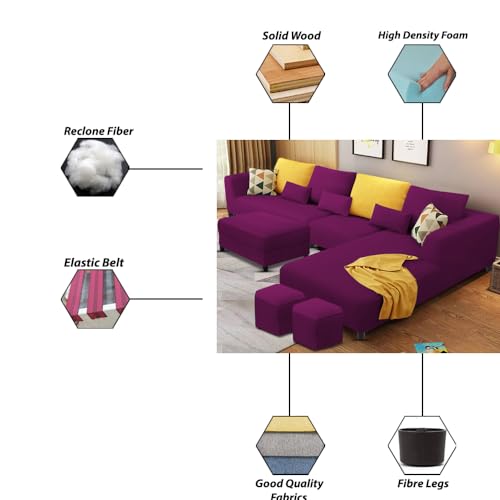 Image of Casaliving Minta RHS 8 Seater L Shape Sofa Set with Ottoman & 2 Puffy for Living Room (Purple - Colour Fabric) Premium Fabric Sofa Set ForLiving Room | Hall