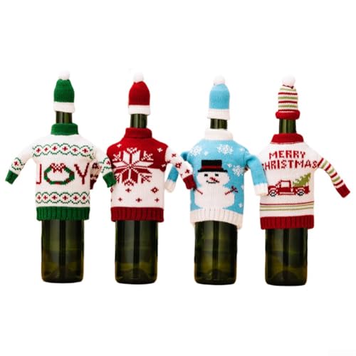 Suéteres de punto de Navidad para botellas de vino, paquete de 4 – Bonito patrón de muñeco de nieve rojo y blanco para decoración de mesa de fiesta de vacaciones