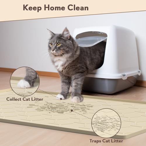 Image of Garoopion Silicone Cat Litter Mat Large 40 inch X 28 inch, Easy to Clean, Beige | Large Size Waterproof Silicone Mat with Raised Edges, Catch Litter, Protect Floor from Urine, Multi-Use for Dog /Sink /Kitchen