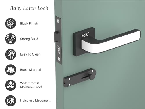 Image of GLOXY Heavy Duty Mortise Baby Latch Door Lock Handle Set for Bathroom with Brass Baby Latch and Handles Door Lock for Bedroom | Black & White Finish (2 Years Warranty, Pack of 1)