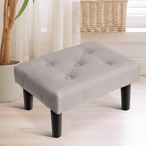 Image of Small Velvet Soft Foot Rest Footstool Ottoman with 4 Wooden Legs, Additional Seating Sofa Footrest for Living Room Entryway Set of 2 Grey