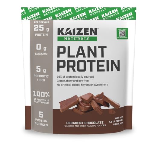 Kaizen Naturals Plant Protein | Chocolate | 25g Protein |Clean | See The Test Results | 5 Proteins | No Artificial Ingredients | Dairy Free | Soy Free | Gluten Free | Non GMO | Vegan | 1.5lb