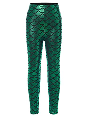 Nyeemya Leggings Brillantes de Sirena para Niña, Leggings de Cintura Alta, Pantalones Metalizados de Polipiel para Disfraces de Sirena y Cumpleaños Verde 9-10 años
