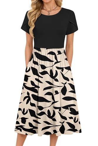 MOLERANI Sommerkleid Damen Elegant Kleider Rundhals Midi Kleid Loose Swing Freizeitkleid mit knielangen Taschen Aprikose Schwarz Blatt L 1