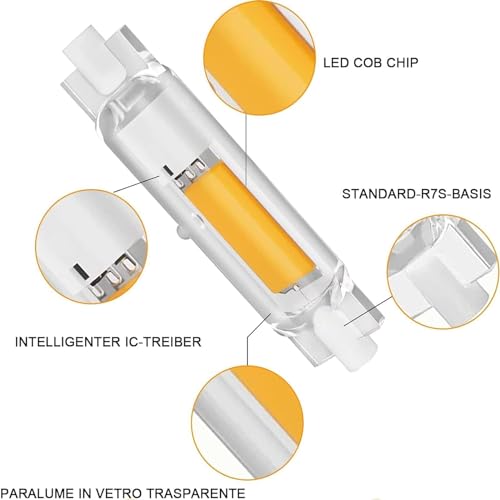 20W R7S LED Lampada 78mm Dimmerabile,Bianco Caldo 3000K 2000LM,LED R7S COB 20W Lampadine Equivalente a 200W Lampada Alogena,Nessun Sfarfallio Lampada LED,Illuminazione Fascio 360°,Confezione da 2 - 6