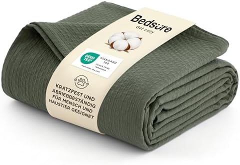 BEDSURE Tagesdecke 100% Baumwolldecke 180x240 - Hundedecke, Olivgrün | Kuscheldecke mit Rautenmuster Haustierfreundlich, Scheuerfest, Nicht Fadenziehend Ideal für Sofa, Sommerdecke