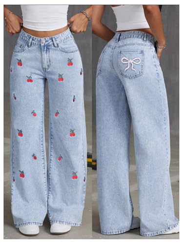 MakeMeChic Girl's Cherry Bow Straight Leg Jeans Zip Up Denim Pants Y2K Streetwear3