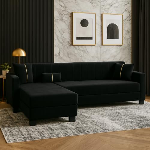 Image of SOCOZI Almeria 4 Seater LHS L Shape Sofa Set | Soft Velvet Suede Fabric | Modern Design | Plush Comfort Cushions for Living Room (Black)