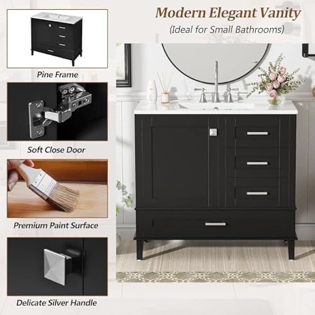 Linique 36 Modern Bathroom Vanity with Sink Combo Set, Bathroom Storage Cabinet with a Soft Closing Door and 3 Drawers, Black