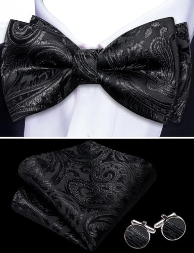 Image of Barry.Wang Paisley Striped Bow Tie for Men Silk Pre-Tied Bowtie Pocket Square Cufflinks Set Formal Wedding Party Prom