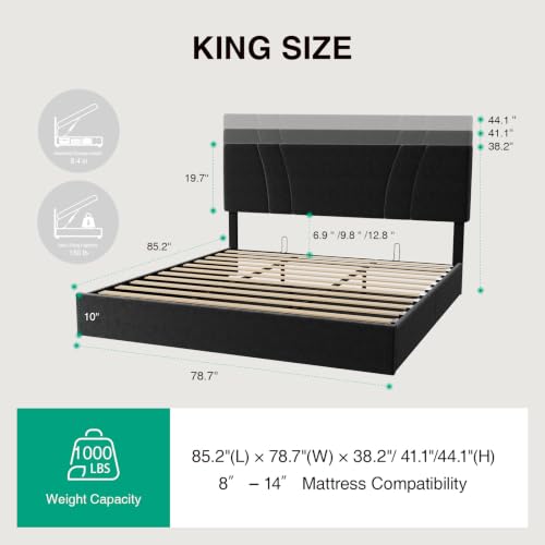 Image of Novilla King Lift Up Storage Bed Frame /Charging Station /LED Light, Black