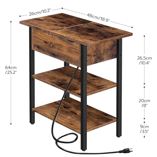 HOOBRO Narrow End Table with Charging Station and USB Ports for Small Spaces - Rustic Brown