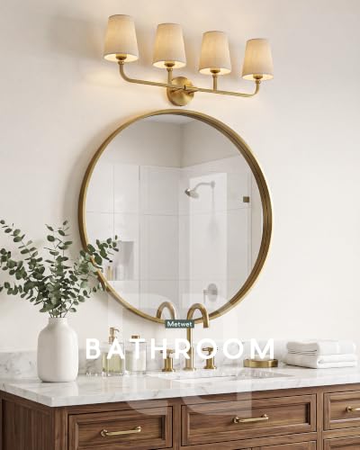 Image of 4-Light Brushed Gold Bathroom Vanity Light, Brown Linen Fabric Shade | 28 Inch gold bathroom light fixture over mirror, UL listed, E26 bulbs, hardwired, upward only, VL837-BG-L-4