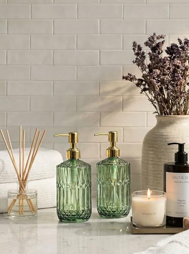 Image of JASAI 2Pack 18Oz Green Glass Soap Dispenser with Gold Rust Proof Pump | Refillable Dish Soap Dispenser for Kitchen, Bathroom Soap Dispenser for Hand soap, Lotion, Body Wash, Liquid Soap