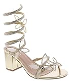 TOP Moda Women's Butterfly Wrap Around Rhinestone Strap Chunky heel Sandals Diamond-29 Gold Metallic 8