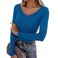 Aottori Maglia Donna con Scollo a V Elegante Maglietta Manica Lunga Maglione a Coste Leggero Basic Tops Cotone Sottogiacca Elasticizzato Blu Reale XL