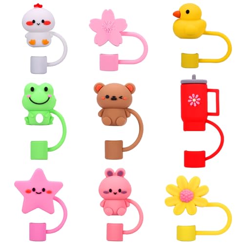 9 PCS Straw Cover Cap Compatible with Stanley Cup Straw Cover,Flower Cartoon Straw Cover Compatible with Stanley 30 and 40 oz Tumblers with Handles, Stanley Cup Silicone Straw Tops